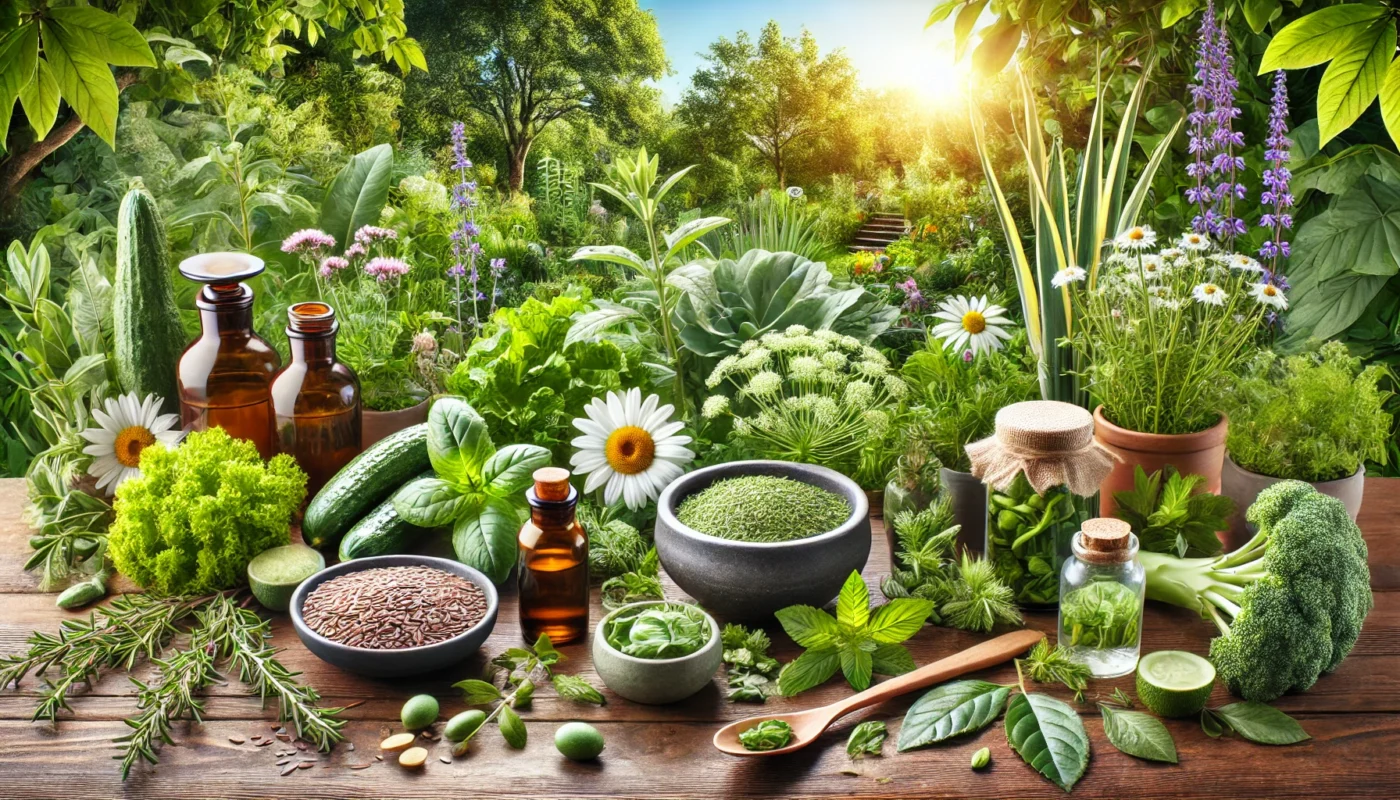 A serene herbal garden featuring flaxseed plants, leafy greens, and herbs like black cohosh, symbolizing natural sources of estrogen reducing supplements in a fresh outdoor environment.