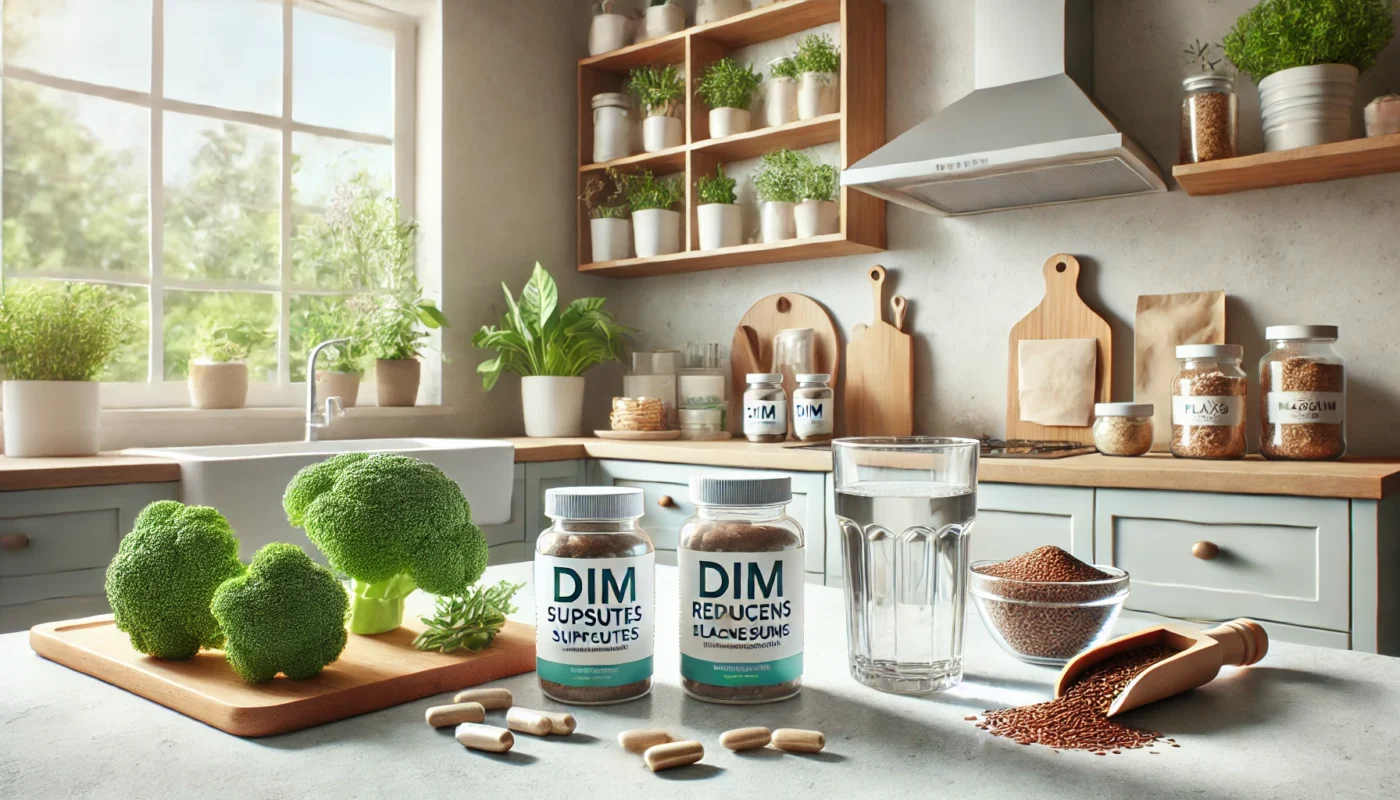 A modern kitchen counter displaying estrogen reducing supplements such as DIM capsules, flaxseeds, and magnesium powder alongside fresh vegetables and herbs, promoting health and wellness.