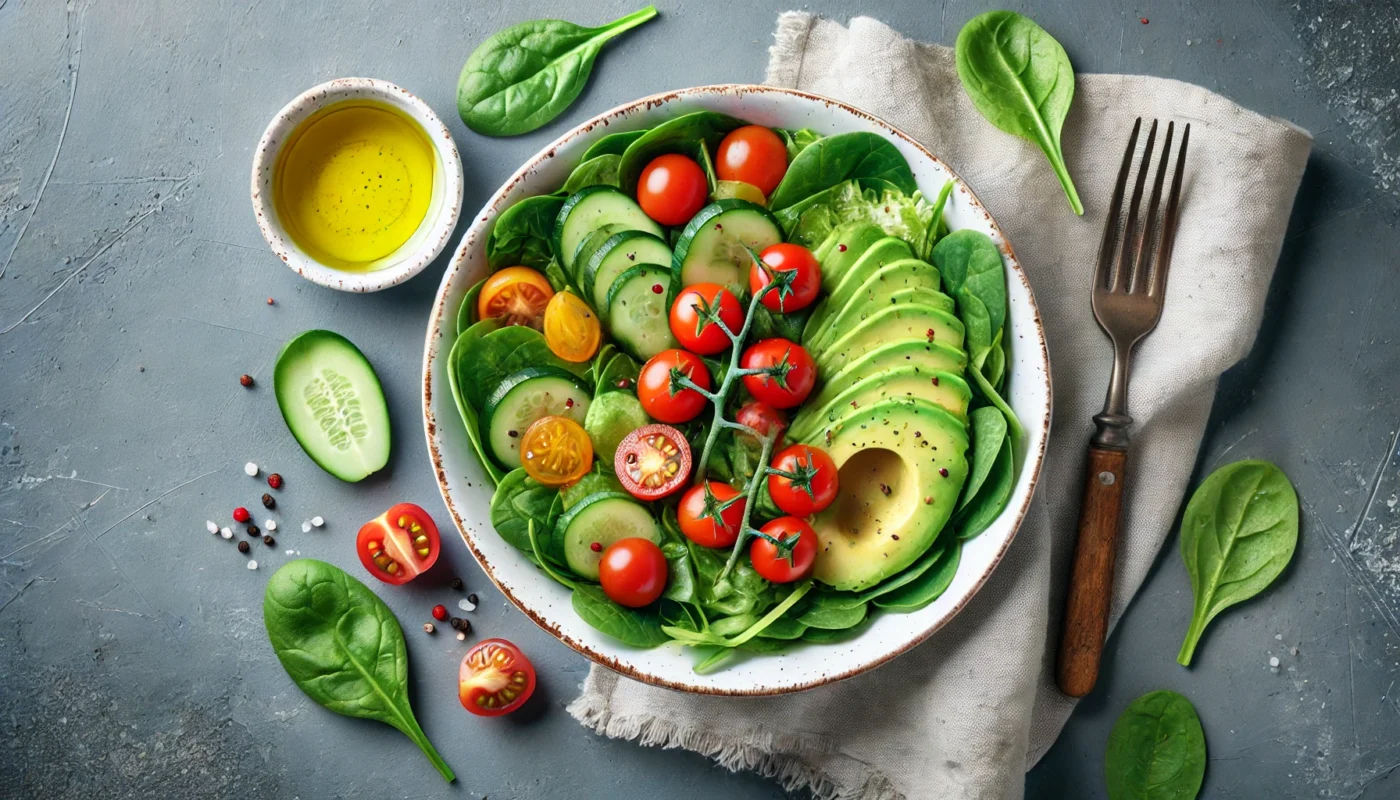 A top-down view of a fresh garden salad in a white bowl, featuring leafy greens, cherry tomatoes, cucumber slices, and avocado, accompanied by a small dish of olive oil on the side, representing a nutritious and hypertension-friendly meal option.