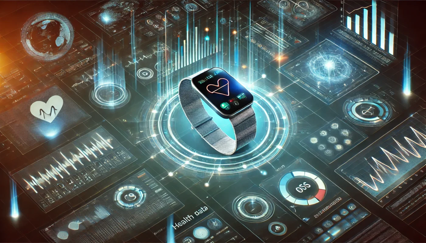 A detailed illustration of a futuristic AI-driven wearable technology for hypertension, analyzing health data in real-time, surrounded by glowing data streams and futuristic interfaces.