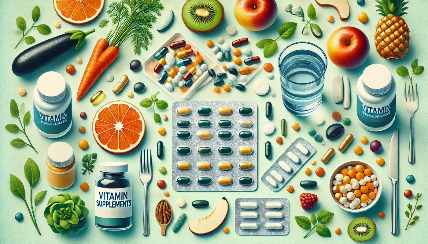 Vitamin-rich supplements with fresh fruits and vegetables on a clean surface, emphasizing health and supplementation for menstrual cycle regulation.