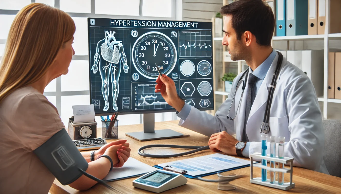 A healthcare professional explaining hypertension management to a patient using visual aids, in a clinical setting, symbolizing patient education and care.