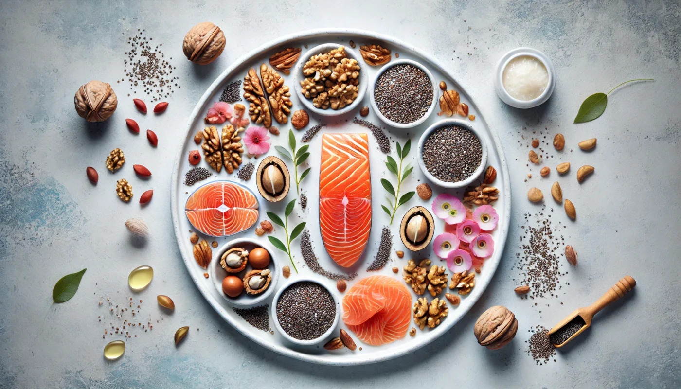 An artistic arrangement of omega-3-rich foods such as salmon, walnuts, and chia seeds, displayed on a white plate with minimalistic garnishing, showcasing their role in promoting skin elasticity and moisture, suitable for a 'food for skin' article.