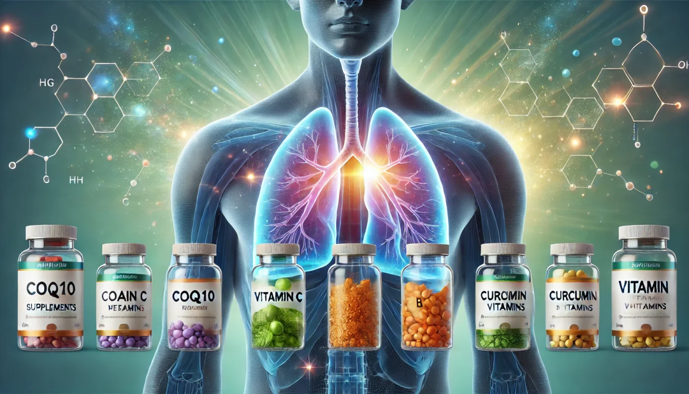  healthy, glowing lungs within a transparent human body. Surrounding the lungs are four supplements_ CoQ10, Vitamin C, turmeric. 