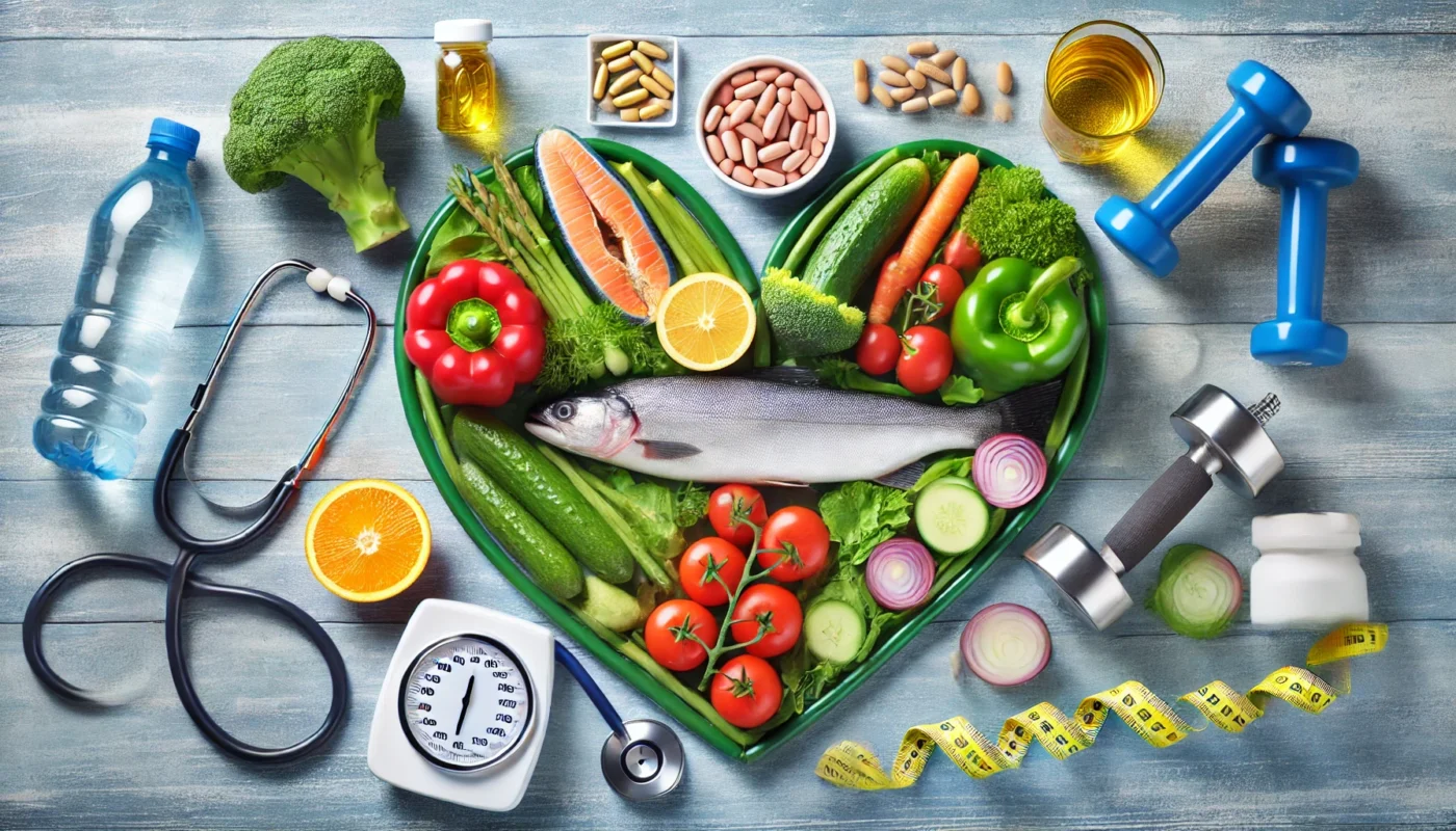 A visual of healthy lifestyle elements for managing hypertension, including fresh vegetables, omega-3 fish, supplements, and exercise equipment, emphasizing an integrative approach to cardiovascular health.