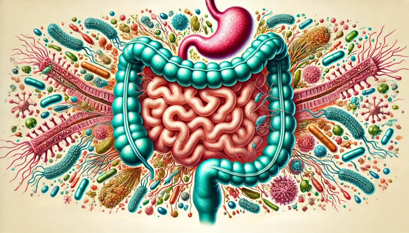 Artistic depiction of a healthy gut microbiome, featuring probiotics like Lactobacillus and Bifidobacterium interacting with the intestinal wall.