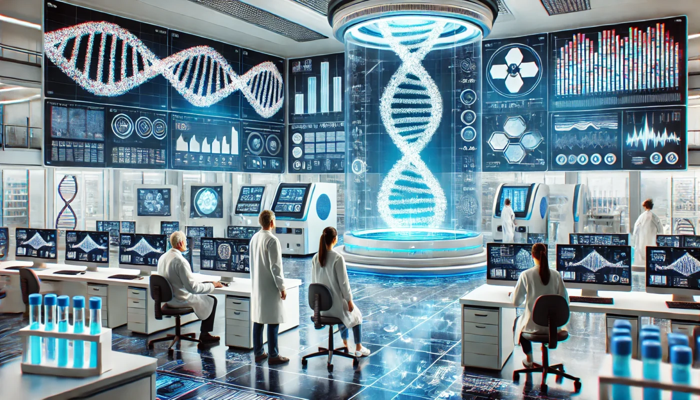 A modern medical lab with advanced equipment, including genomic testing machines and digital screens showing DNA sequences, representing precision medicine and data analytics in healthcare.