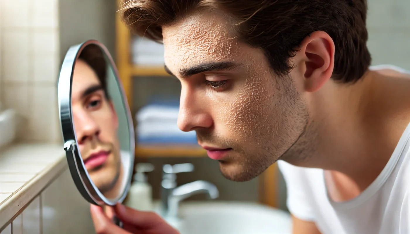 Close-up of a young man examining his dry skin in a mirror, focusing on dry patches around his forehead and nose. The bright bathroom setting and natural lighting highlight the skin's texture and dryness symptoms.