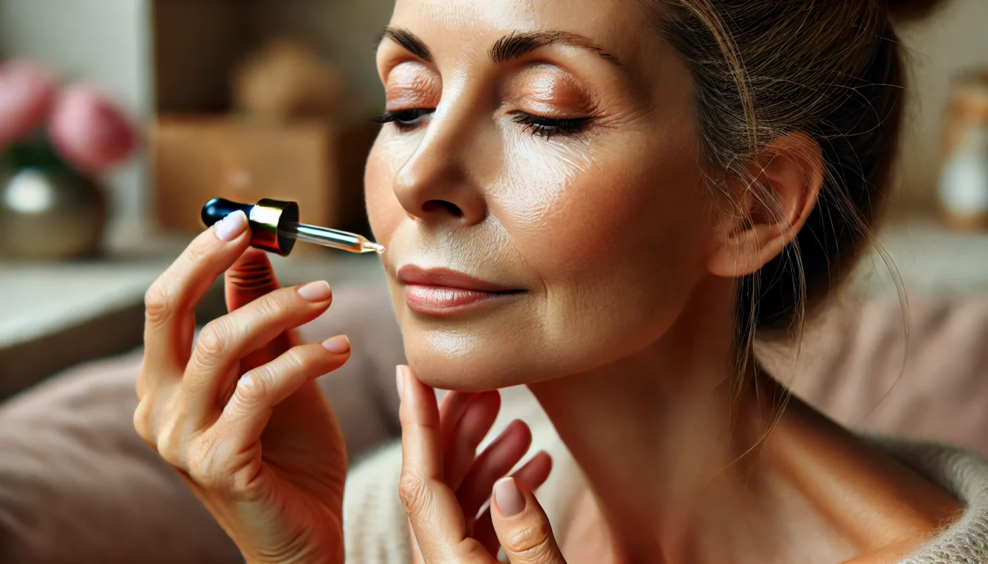 Close-up of a middle-aged woman applying a hydrating serum to her face with a dropper, focusing on dry skin visible on her cheeks and chin. The cozy indoor setting with warm lighting emphasizes the skincare routine for addressing facial dryness.