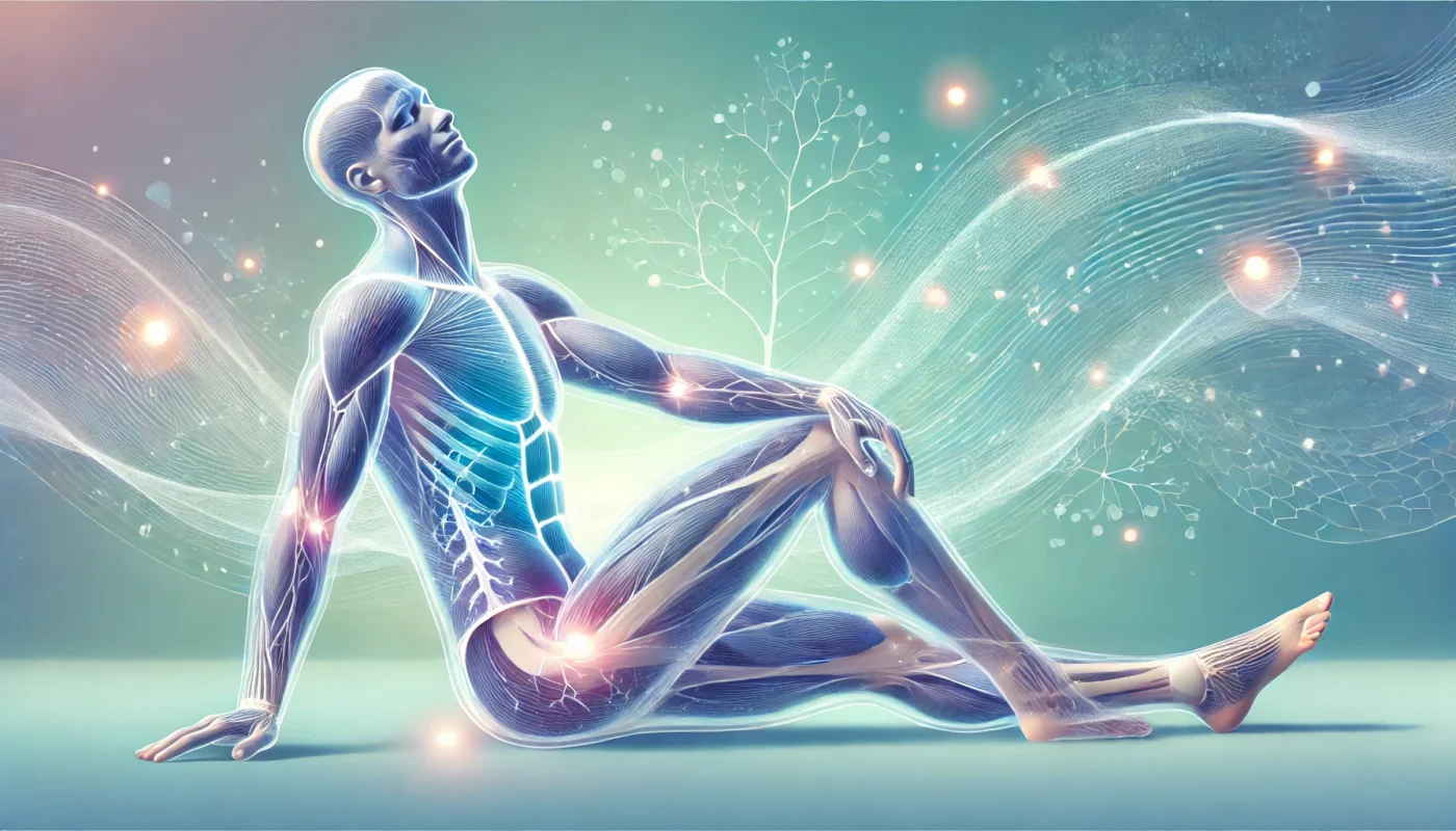 human body in a relaxed pose, with soft, flowing energy emanating from key muscle groups.