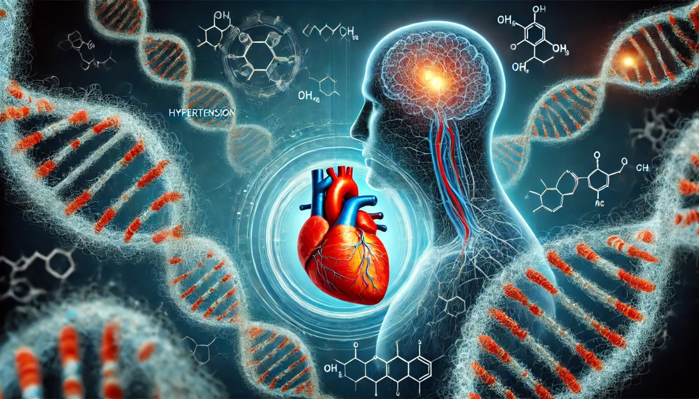 A visualization of hypertension's genetic basis, featuring interwoven DNA strands and a human heart with highlighted pathways connecting genes to blood pressure regulation.