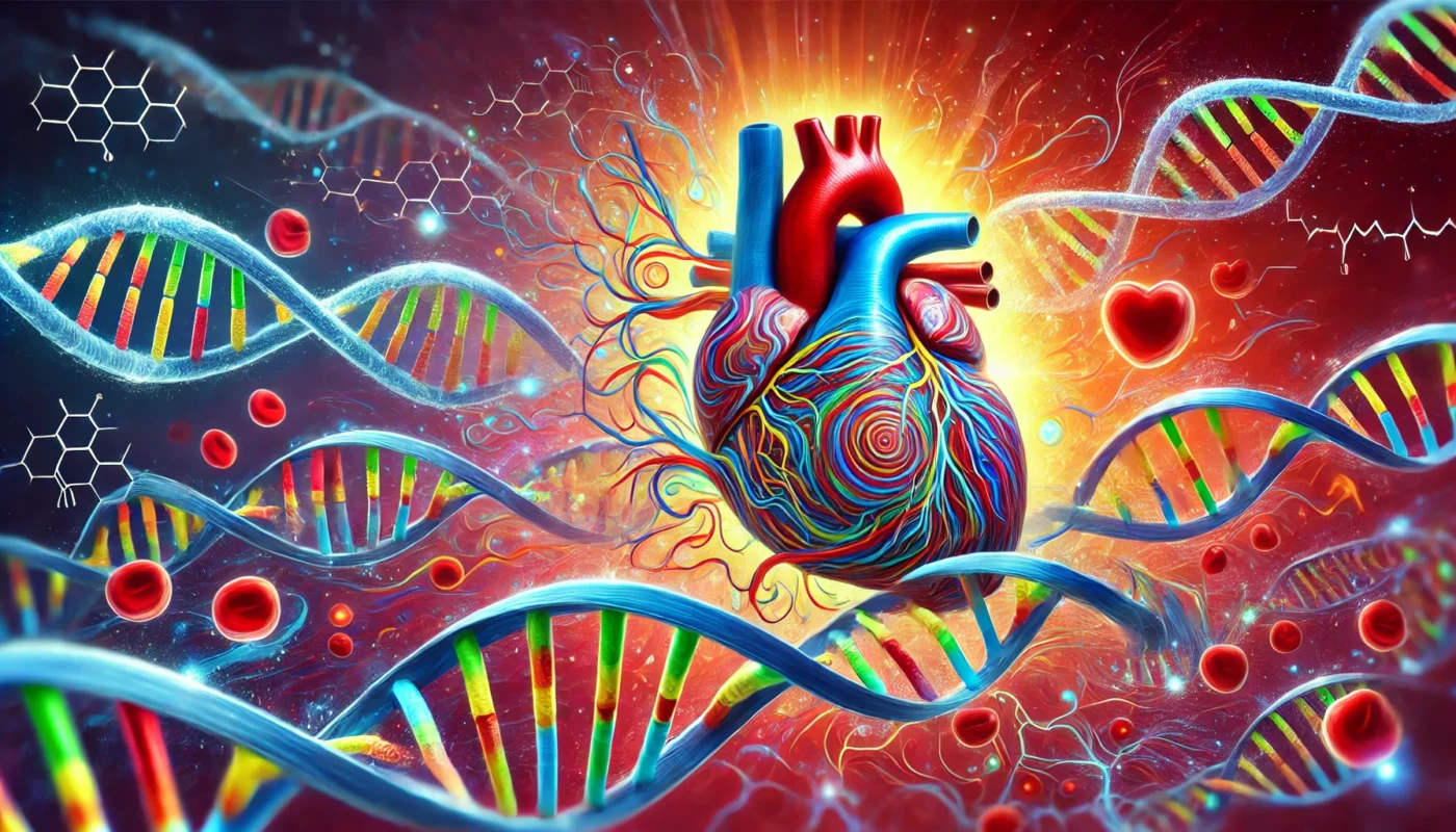 An artistic depiction of hypertension genetics, showing DNA strands intertwined with heart and blood vessel imagery, highlighting the connection between genomics and cardiovascular health.