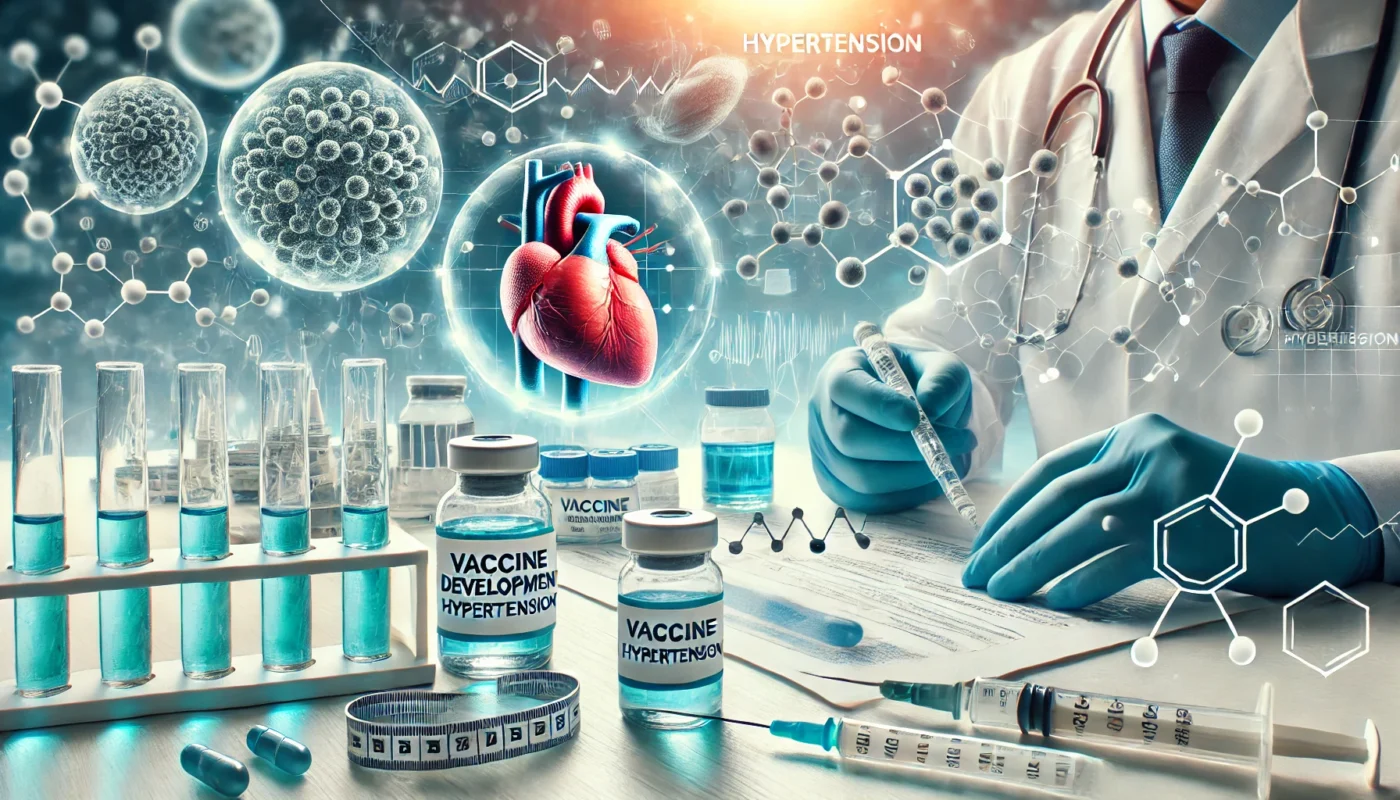 A scientific image showcasing the development of a hypertension vaccines, with close-ups of syringes, molecular structures, and a researcher analyzing samples.