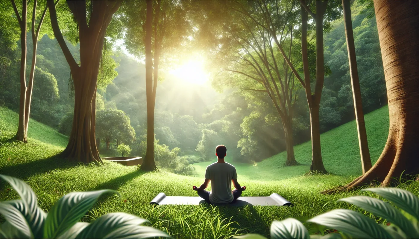 A serene, widescreen horizontal image featuring a person practicing mindfulness meditation outdoors in a lush green park, surrounded by trees and natural scenery. The setting exudes calmness and relaxation, with soft sunlight streaming through the trees. The person is sitting cross-legged on a yoga mat, focused and at peace, symbolizing a stress-relieving habit that aids in lowering blood pressure.