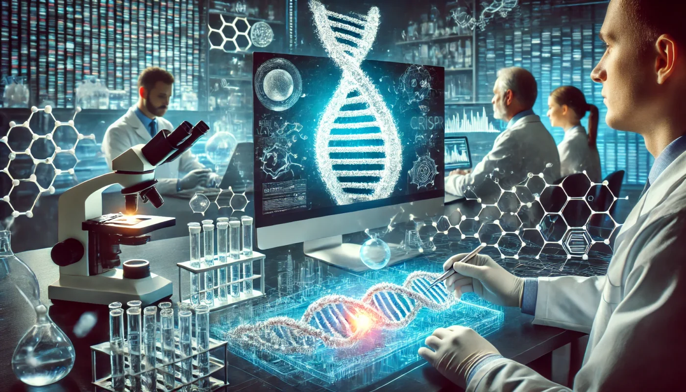 Laboratory setting with scientists working on CRISPR gene-editing tools, highlighting a glowing DNA model on a computer screen, representing advanced research in gene therapy for hypertension.