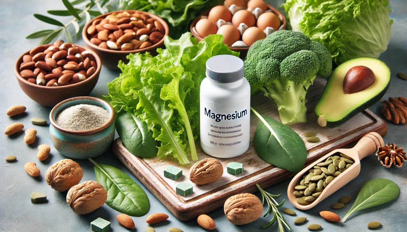 A table featuring natural magnesium-rich foods, including leafy greens, nuts, seeds, and a small bottle of magnesium supplements, arranged in a visually appealing manner to highlight dietary sources of magnesium for health and hormonal balance.