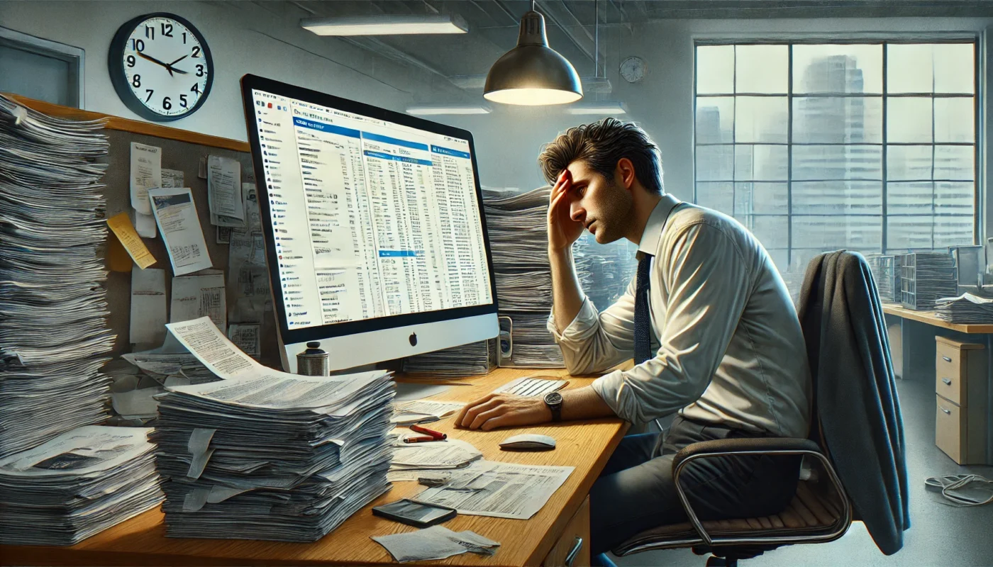 A man working in an office, visibly stressed. The man is seated at a cluttered desk with a computer screen displaying