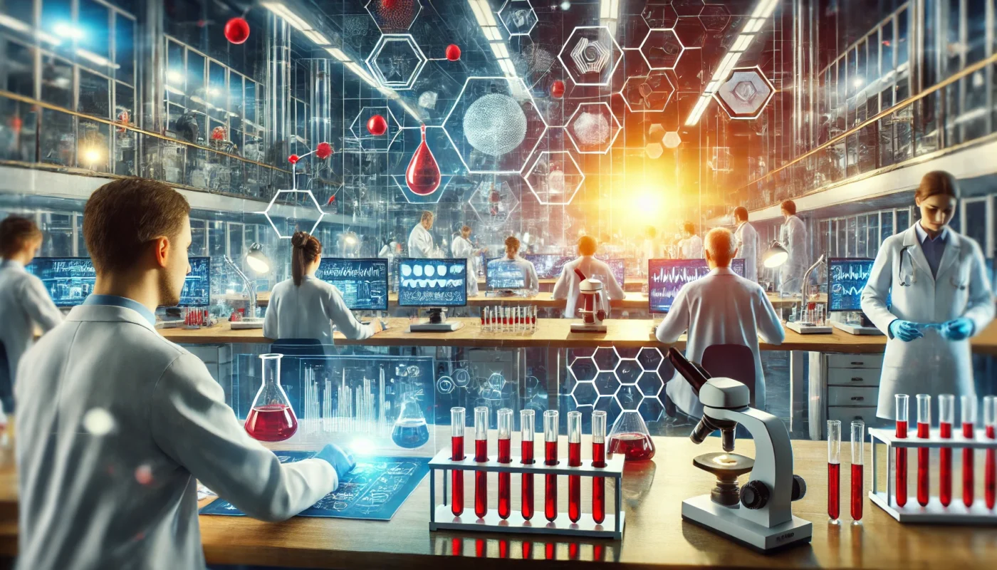 Researchers in a modern medical laboratory examining advanced equipment and blood samples, attempting to discover breakthroughs in hypertension treatment and medication development.