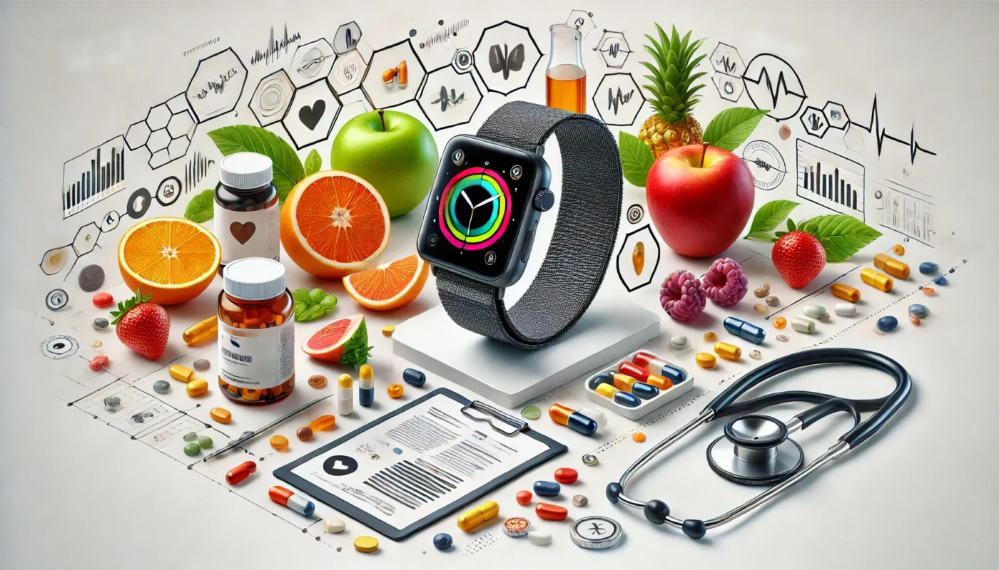 modern depiction of a healthy lifestyle concept featuring wearable technology such as a smartwatch, fruits, supplements, and a stethoscope on a white table.