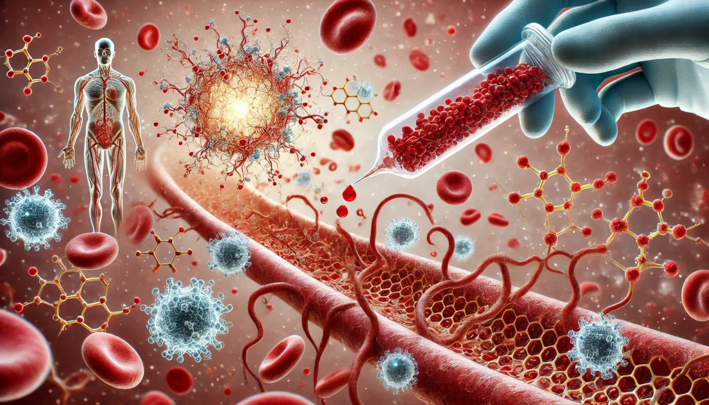 An artistic depiction of nanotechnology in medicine, showing nanocarriers releasing drugs directly into blood vessels with a focus on targeted delivery and precision in hypertension management.