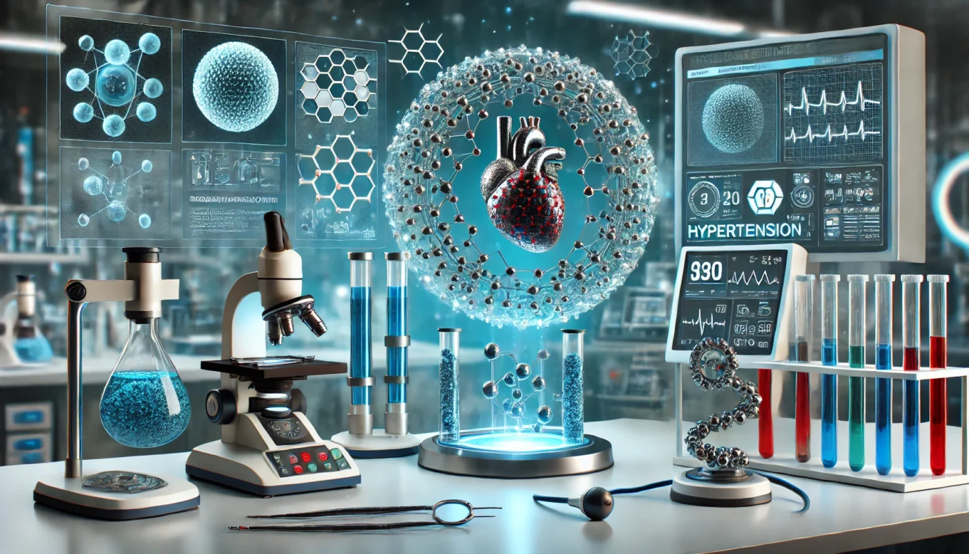 A high-tech medical laboratory setup featuring advanced diagnostic equipment, nanoparticles, and holographic displays illustrating nanotechnology applications in hypertension research.