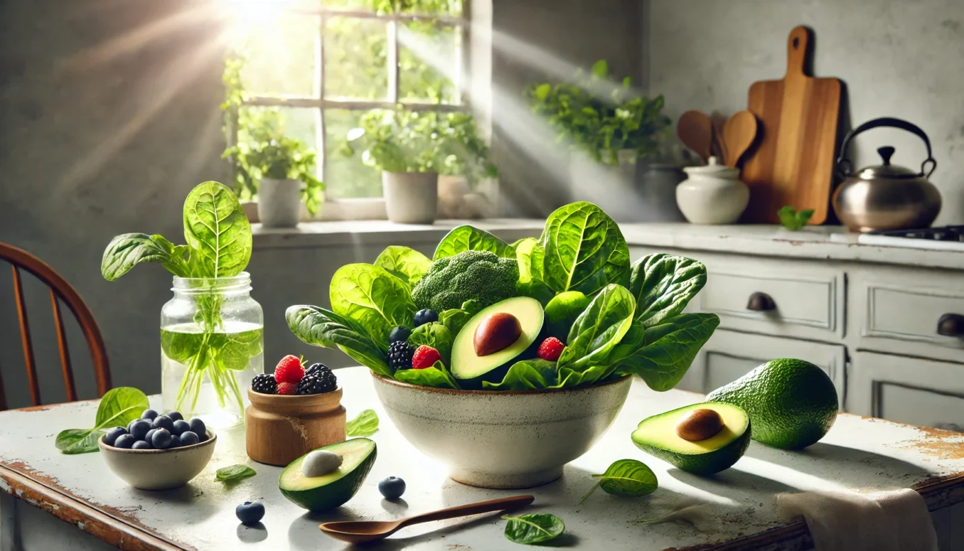 A serene kitchen table setting featuring fresh leafy greens, avocados, and berries under natural sunlight, representing a diet to cure hormonal acne naturally.