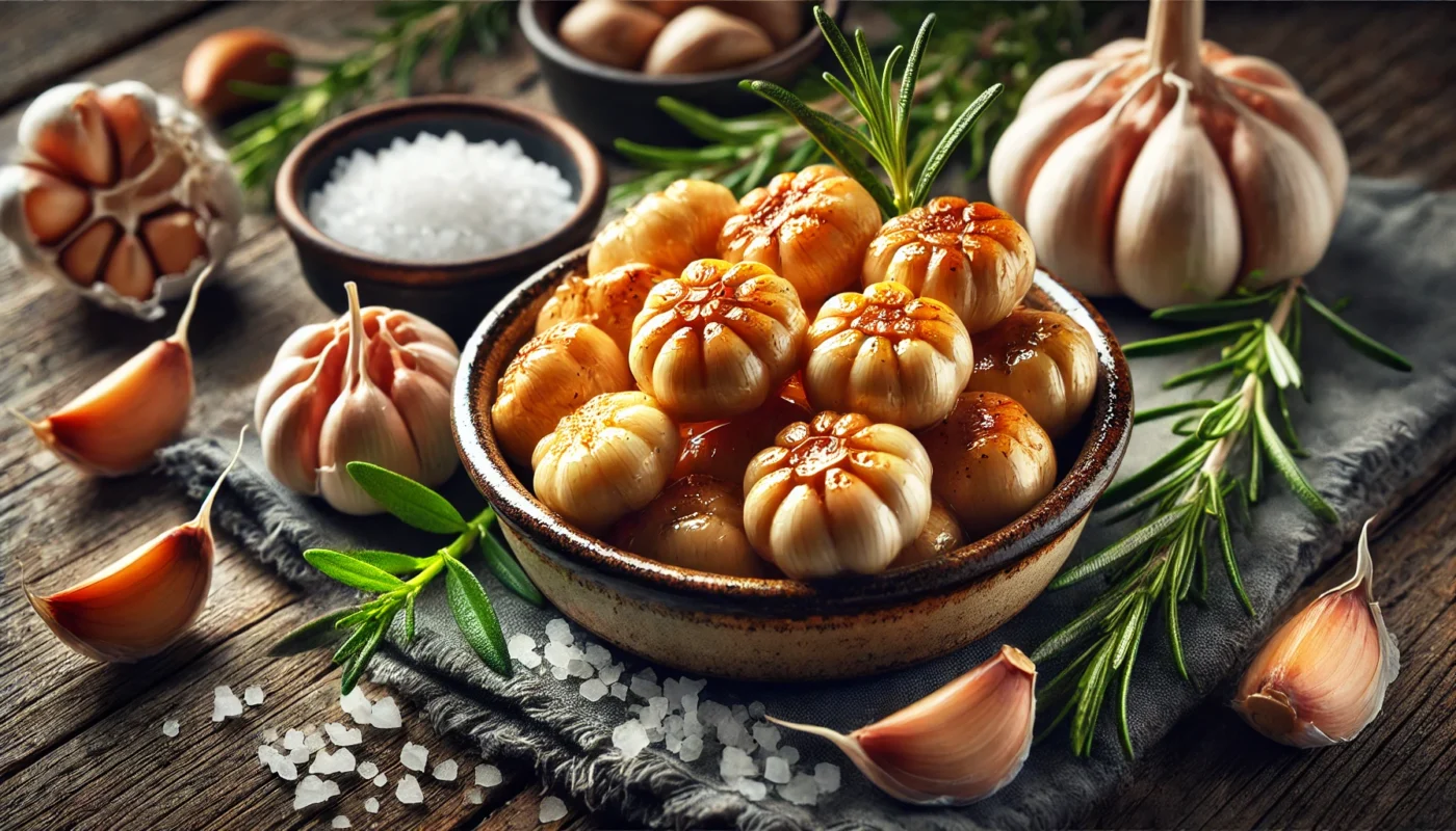 The image showcases freshly roasted garlic cloves in a small ceramic dish, surrounded by rosemary sprigs and coarse sea salt on a rustic wooden table. The scene is illuminated with soft natural lighting, highlighting the golden, caramelized texture of the garlic, emphasizing its culinary and anti-inflammatory qualities.