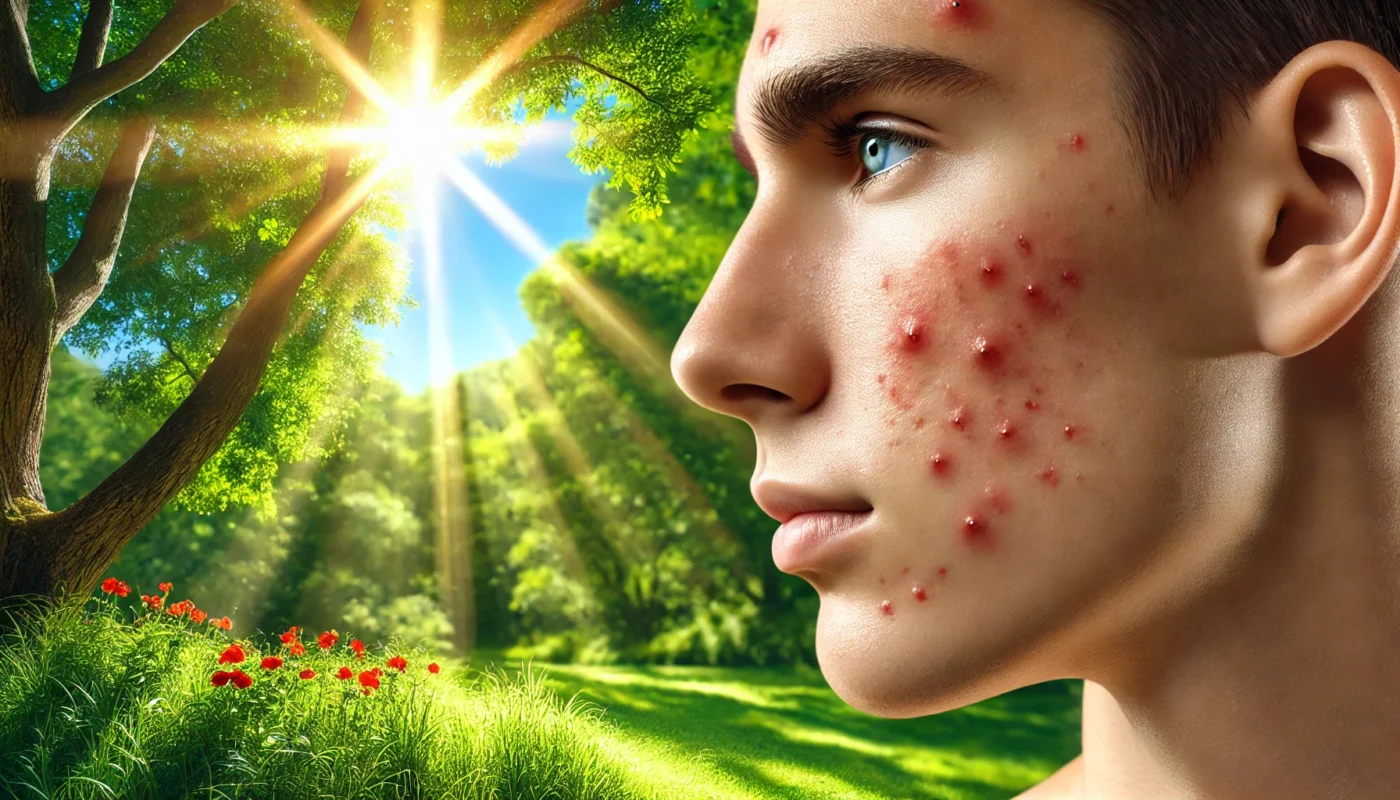 Close-up of a person's face with visible summer acne under bright sunlight, surrounded by lush greenery, illustrating the impact of summer heat and humidity on skin.