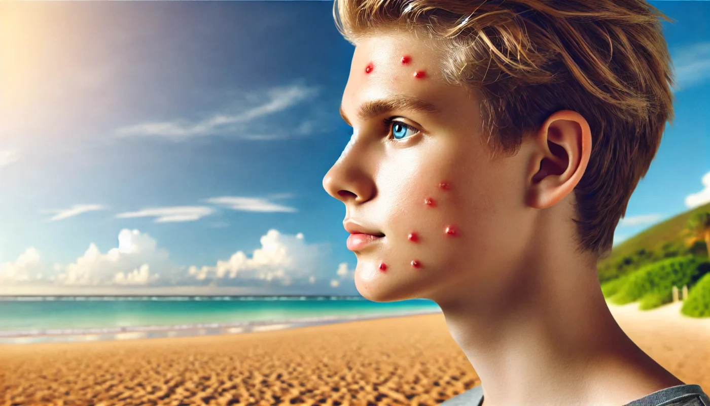 A young person outdoors with visible summer acne, standing near a serene beach under blue skies, symbolizing the connection between summer weather and acne-prone skin.