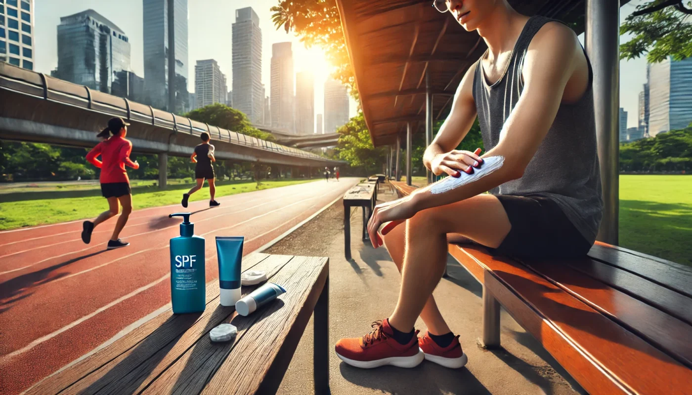 Person applying long-lasting SPF sunscreen to their arms in an urban park with jogging paths, trees, and city buildings on a sunny morning.