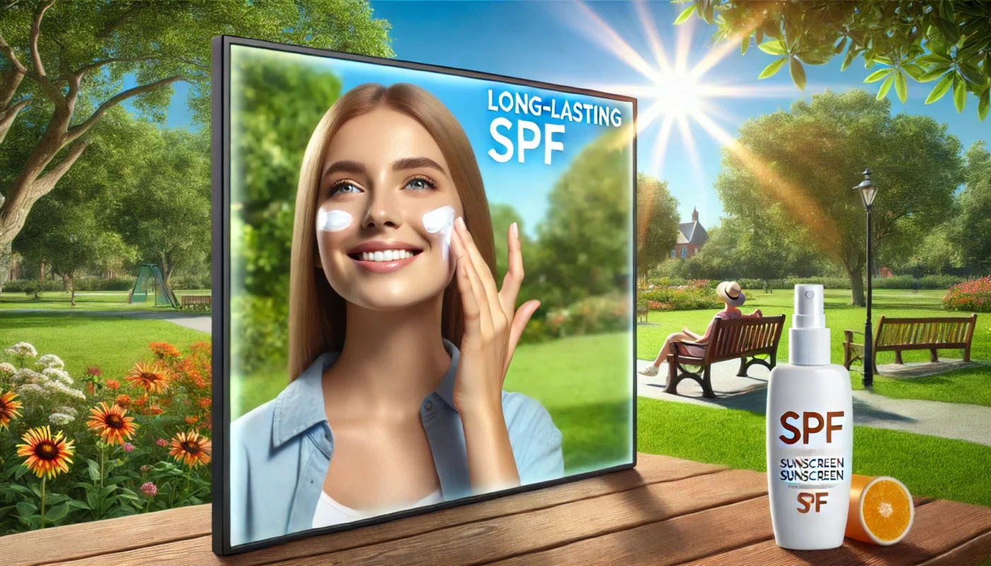 Person applying a long-lasting SPF sunscreen to their face outdoors in a sunny park with vibrant greenery and a sunscreen bottle on a nearby bench.