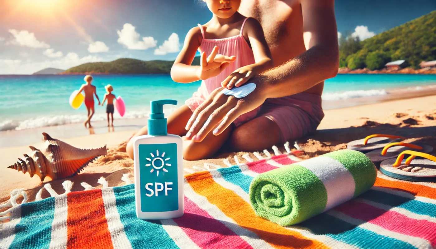 Family at the beach applying long-lasting SPF sunscreen, with a parent protecting a child’s shoulders, a colorful towel, and a vibrant ocean backdrop.