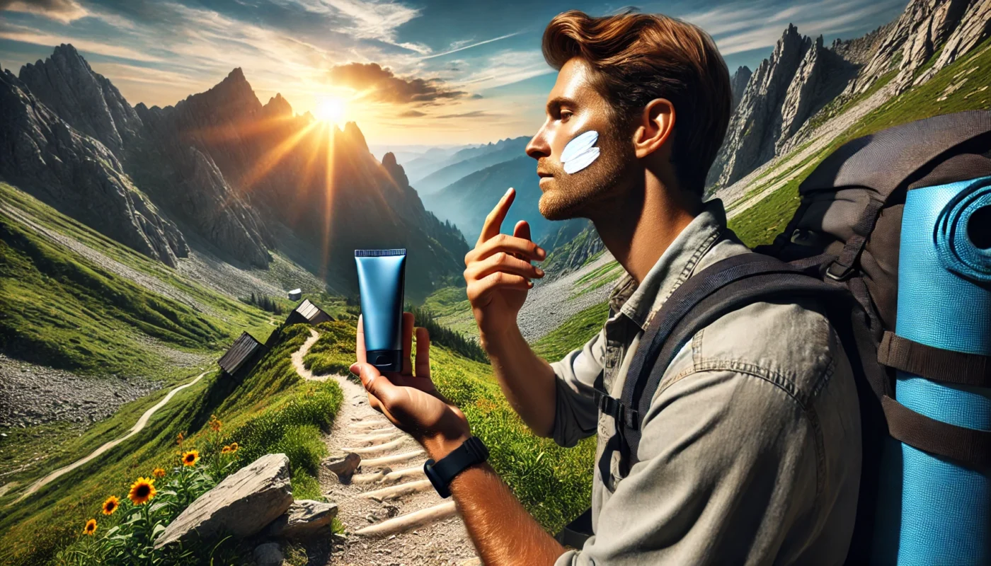 Hiker applying long-lasting SPF sunscreen to their face on a mountain trail with a scenic view of peaks, greenery, and a bright blue sky.