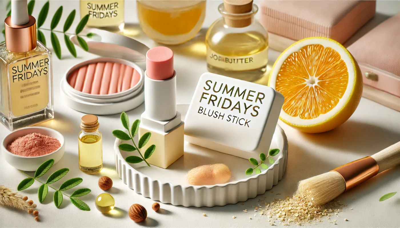 A Summer Fridays Blush Stick on a white ceramic dish, surrounded by shea butter, jojoba oil, and fresh citrus slices, emphasizing clean beauty and a radiant, natural vibe.