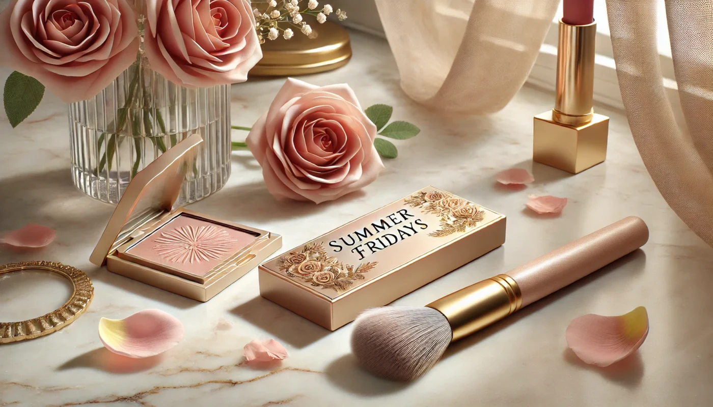 A Summer Fridays Blush Stick elegantly displayed on a marble vanity with pink and gold accents, surrounded by rose petals and a makeup brush, highlighting its natural and luxurious aesthetic.