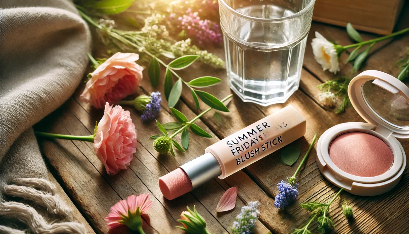 A Summer Fridays Blush Stick on a rustic wooden table, surrounded by vibrant fresh flowers and a glass of water, highlighting its natural and eco-friendly appeal under warm sunlight.