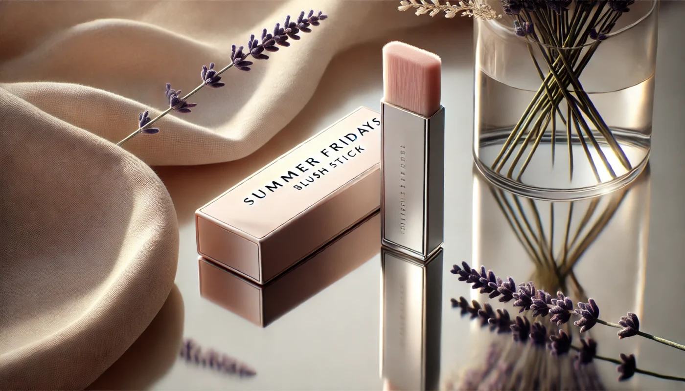 A Summer Fridays Blush Stick resting on a sleek glass tabletop with lavender sprigs and a soft beige fabric, creating an elegant and minimalist aesthetic with a blurred background.