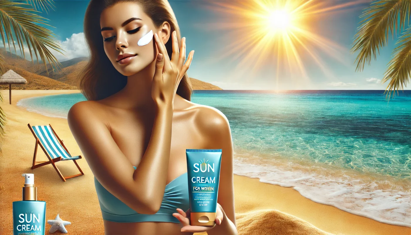 Woman applying sun cream to her face on a sunny beach with vibrant ocean, golden sand, and clear skies in the background.