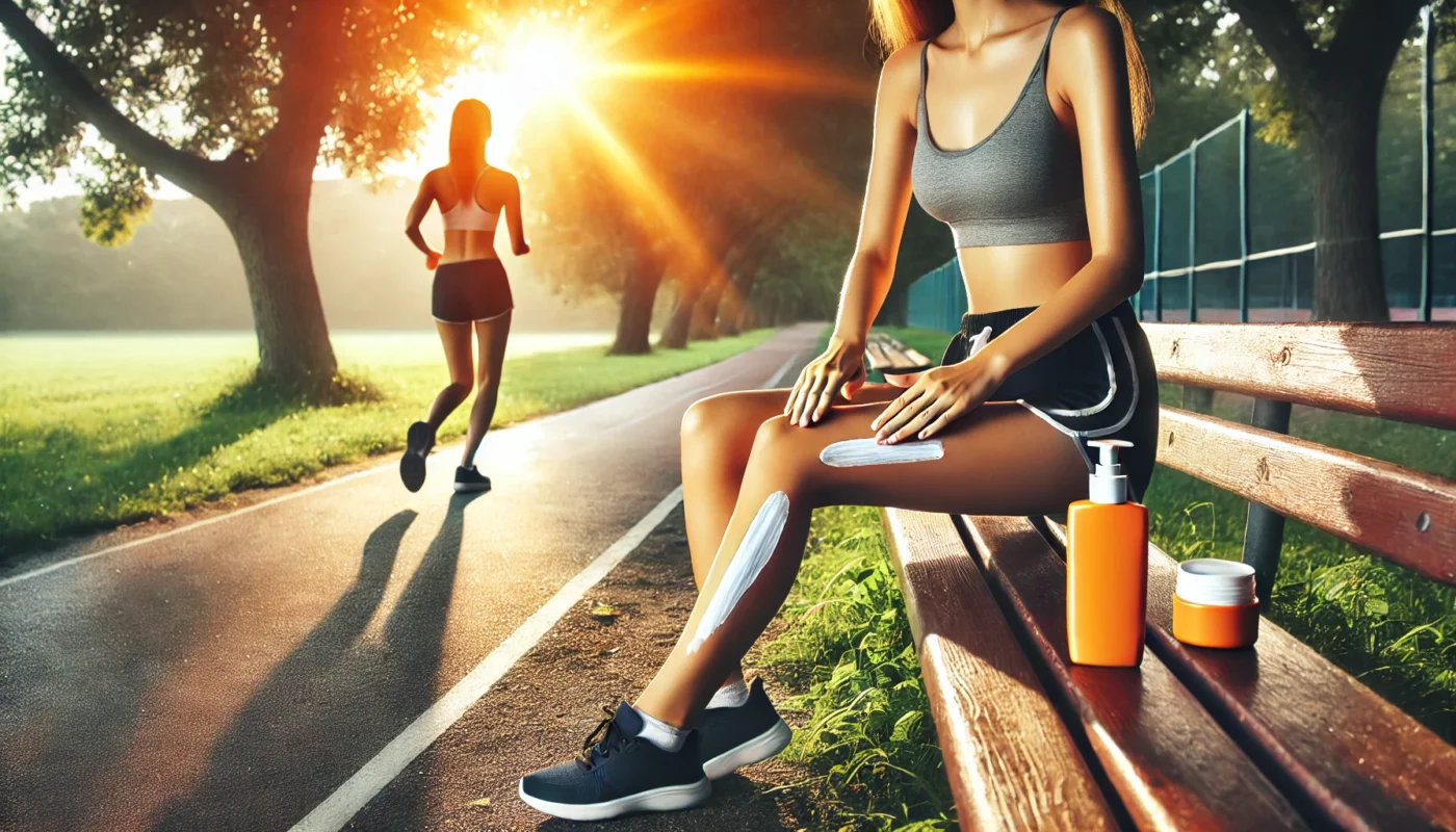 Woman using sun cream for women while preparing for an outdoor jog in a sunny park with jogging paths and trees.