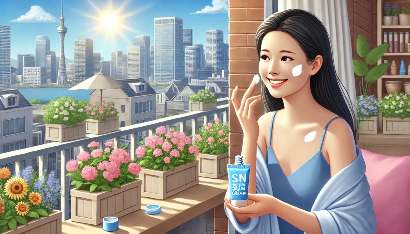 Woman applying sun cream for women to her face while seated on a balcony with an urban cityscape, flowers, and sunny weather in the background.