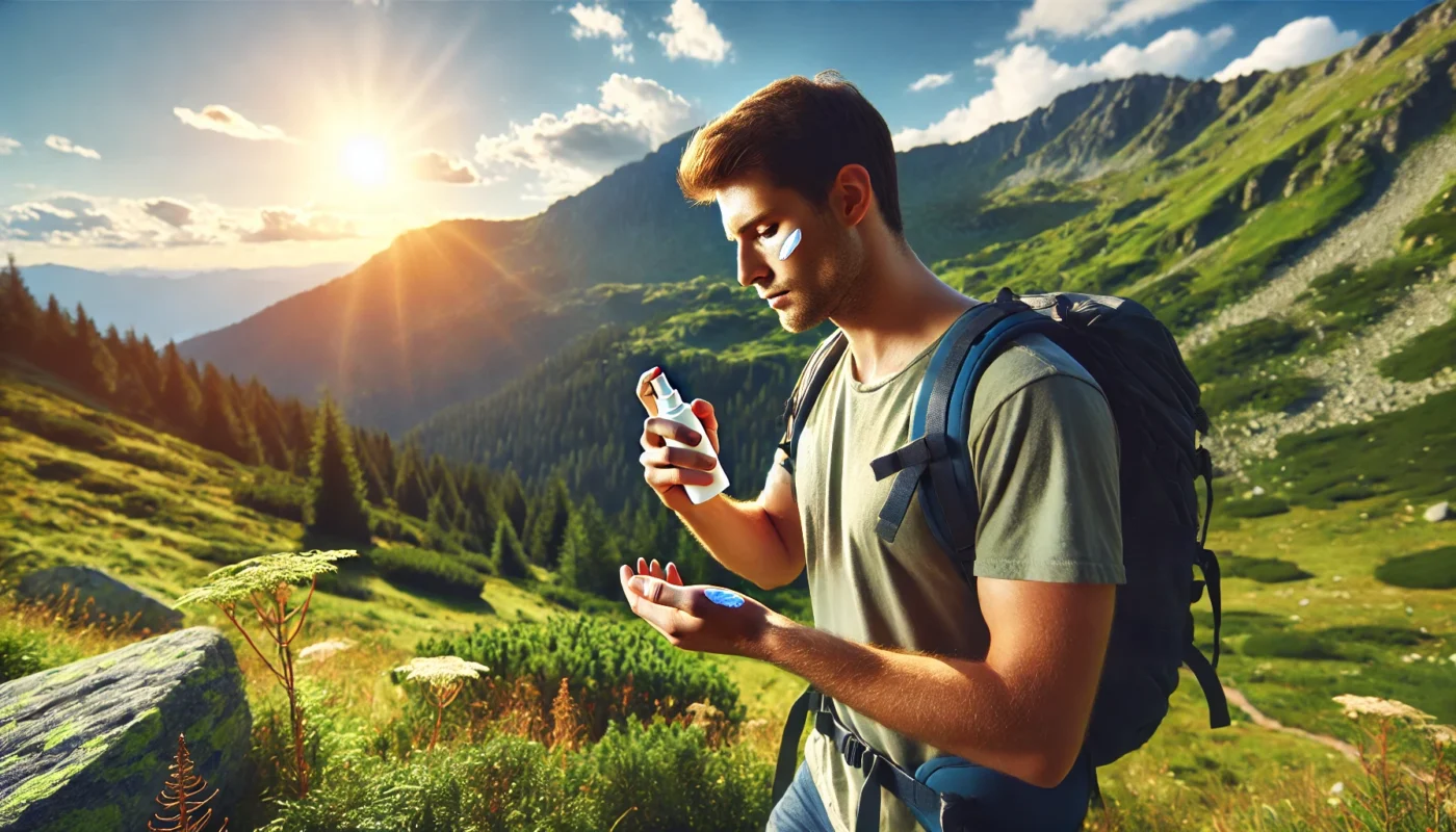 A young man hiking on a sunny trail, pausing to apply sun tan lotion to his face. The scenic mountain landscape with vibrant greenery and clear skies highlights the importance of sun protection for outdoor enthusiasts.