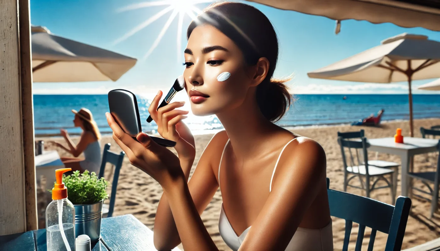 A woman sitting at a beachside cafe, applying sun tan lotion to her face using a compact mirror. The ocean, clear blue skies, and sunlight in the background emphasize the importance of protecting facial skin during outdoor summer activities.