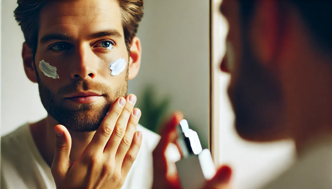 A close-up of a man applying sun tan lotion to his cheeks while looking in a bathroom mirror. The soft, natural lighting emphasizes healthy skin care habits and the importance of sun protection for the face.