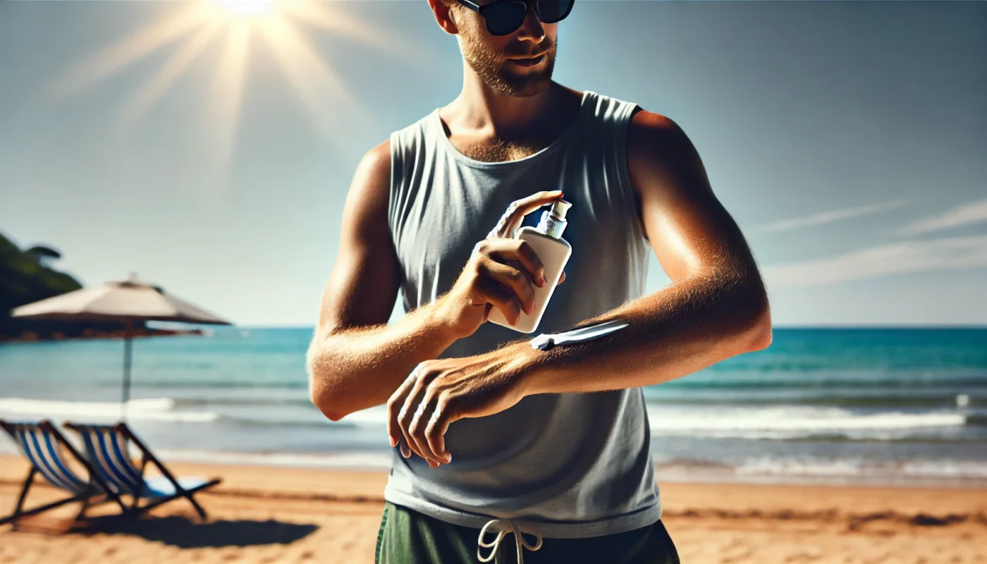 A man standing on a sunny beach, applying sunblock lotion to his arms. The ocean, sandy shore, and blue skies emphasize the importance of sunblock lotion for protecting the face and body during outdoor activities.