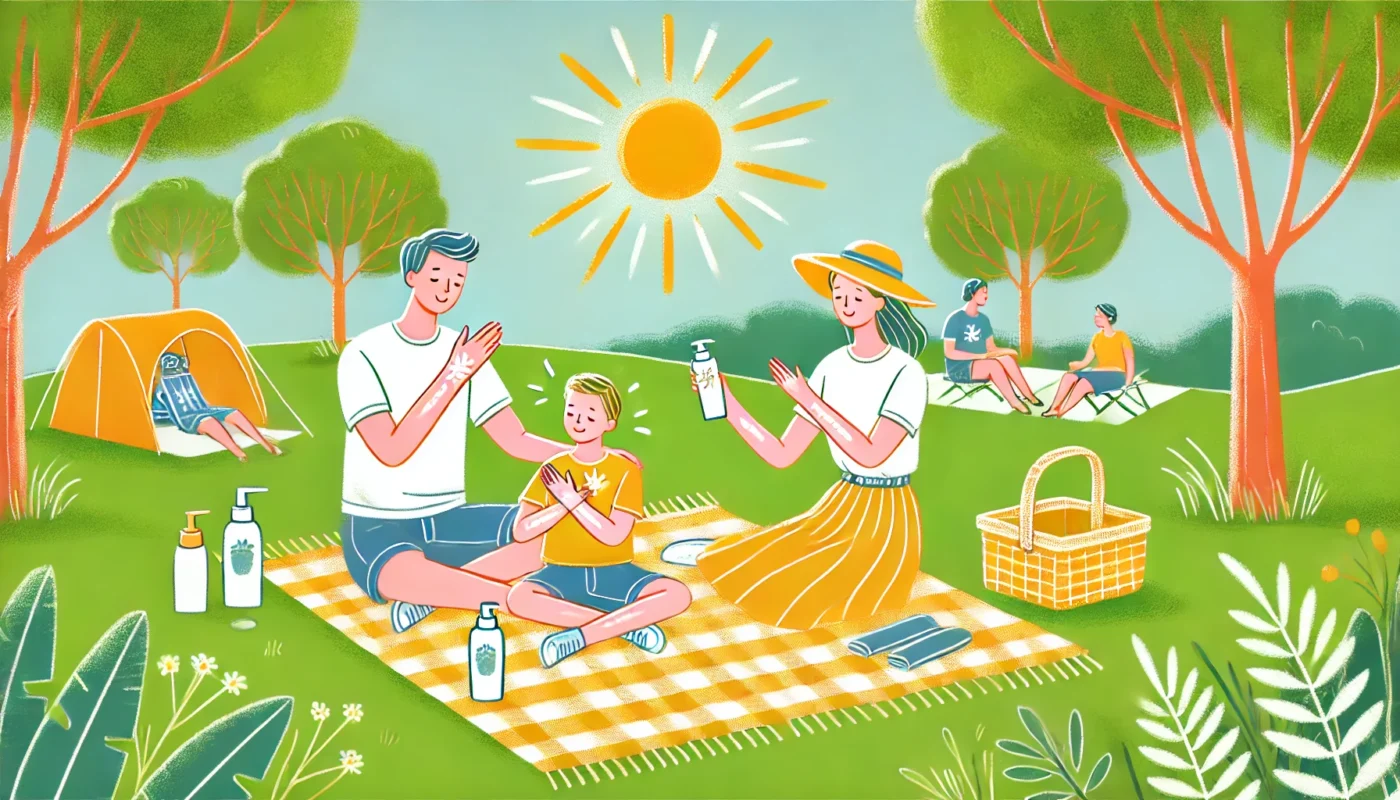 A family enjoying a picnic in a sunny park, applying sunblock lotion to their faces and arms. The green grass, trees, and bright sunlight emphasize the importance of sunblock lotion for face and body during outdoor activities.