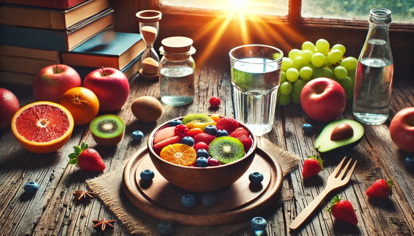 A rustic wooden table with a bowl of fresh fruits and a glass of water, bathed in natural light, symbolizing the role of hydration and nutrition in alleviating sunburn nerve pain.