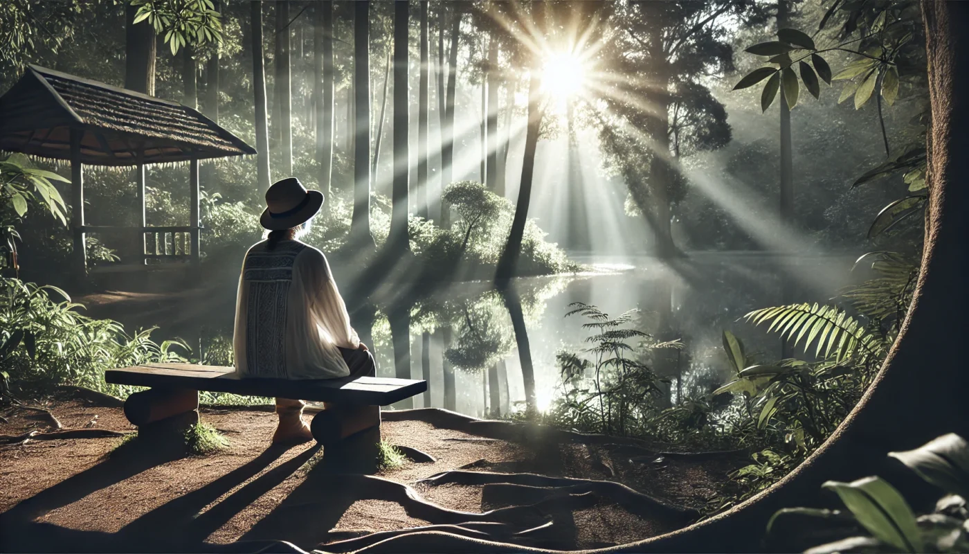 A calm forest area with dappled sunlight and a person in loose, light clothing sitting on a bench, illustrating the importance of avoiding sun exposure for relief from sunburn nerve pain.