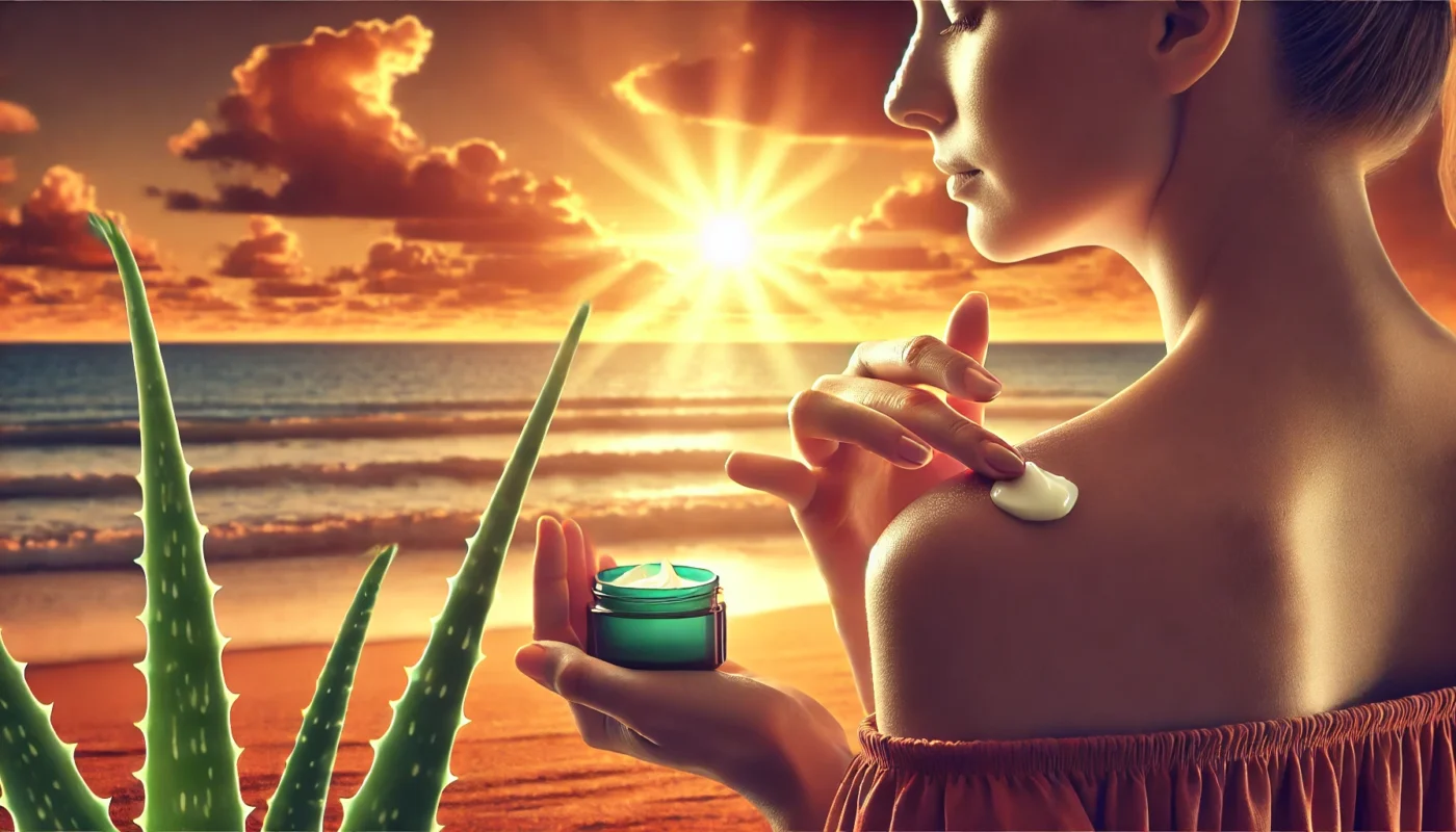 A serene beach scene under a golden sunset with a woman applying soothing aloe vera gel to her shoulder, symbolizing self-care and relief for sunburn nerve pain.