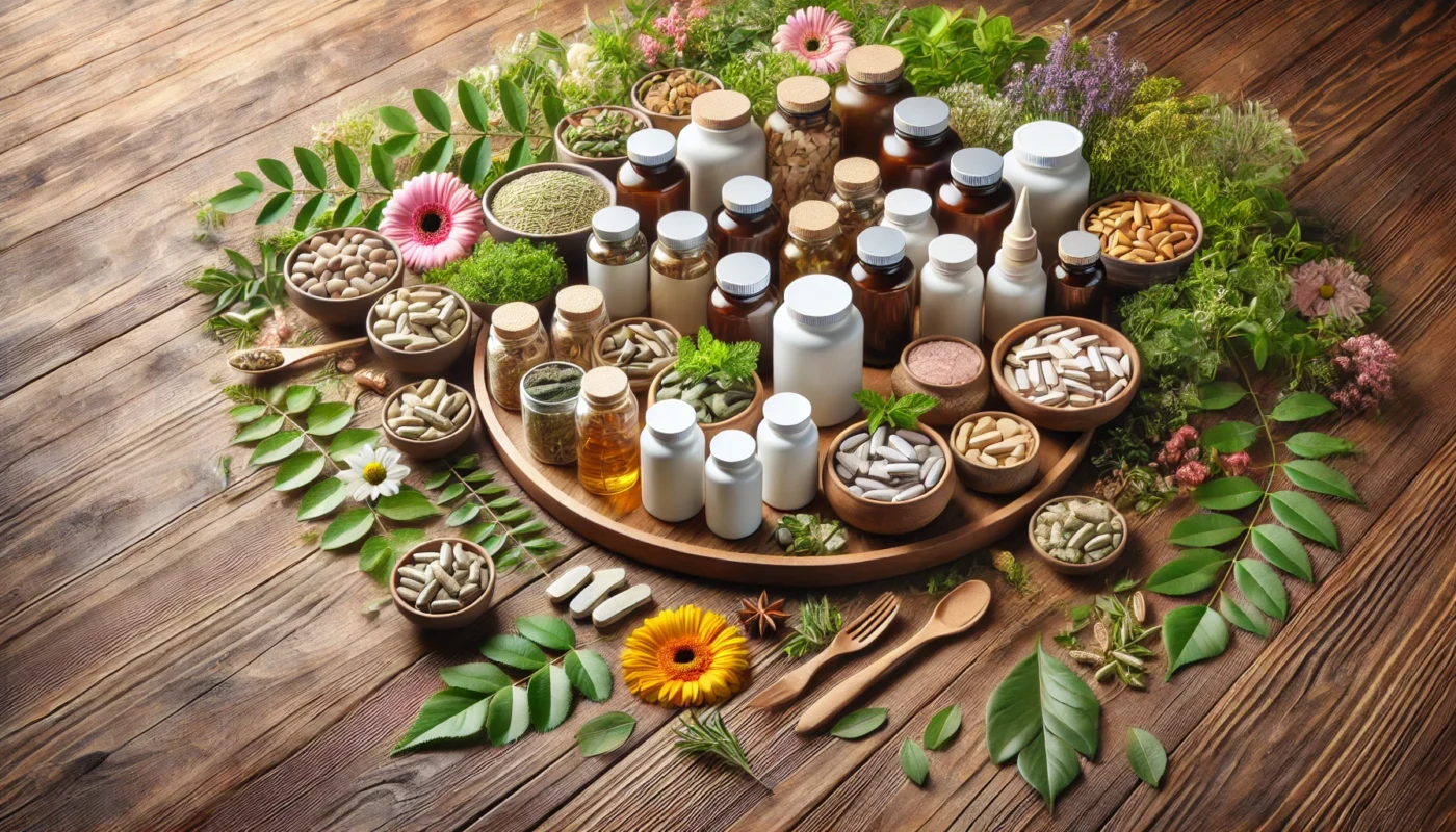 A neatly organized assortment of herbal supplements, vitamins, and adaptogens on a wooden table, surrounded by fresh leaves and flowers, representing a natural approach to health and balance supplements.