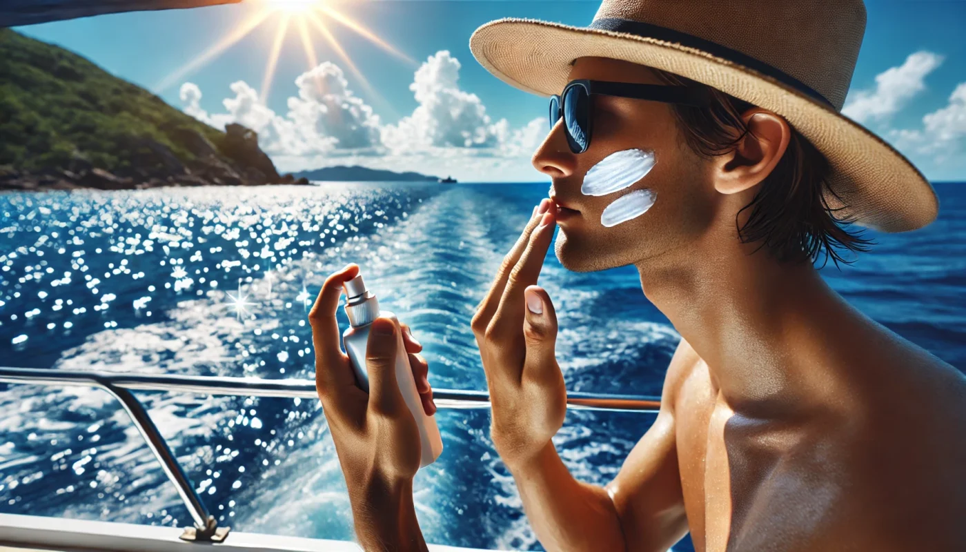 Person on a boat applying water-resistant sunscreen to their face during a sunny day at sea, with sparkling ocean waves and a clear blue sky in the background.